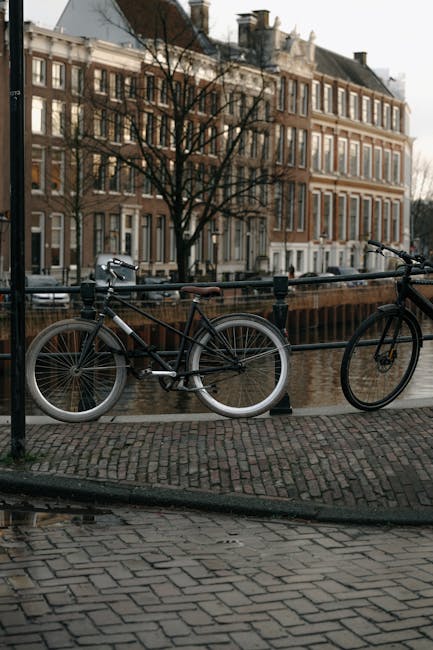 A black bicycle with a brown leather seat and white-walled tires is locked to a metal railing along a canal in a city area, with brick pavement and cobblestones beneath it. Behind the bike, there is a narrow canal with still water reflecting the surrounding buildings. In the background, multi-storey brick residential buildings with large windows and decorative architectural details line the canal, and a leafless tree stands between some of the buildings. The scene appears to be during daytime with overcast weather, and the image captures the typical urban environment associated with house removals and moving logistics, as seen in the context of services offered by [COMPANY_NAME] for house relocations and furniture transport in the Holland Park area.