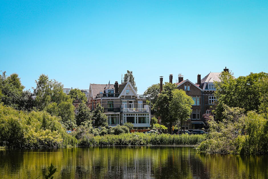 A peaceful residential scene in Holland Park with several multi-storey brick and stucco houses featuring large bay windows and balconies, situated behind lush green trees and shrubs along the edge of a calm river or pond. The cleared area in front of the houses serves as a loading and unloading zone, with visible furniture such as a large wooden wardrobe and cardboard boxes on the pavement, ready for a home relocation. A trolley and moving blankets are placed nearby, indicating preparations for furniture transport. The bright, clear sky provides natural lighting over the scene, and the environment suggests a typical day of packing and loading during a professional removals process, with [COMPANY_NAME] likely engaged in careful loading activities for a house move within the area, supported by regulations such as those from Kensington and Chelsea Council.